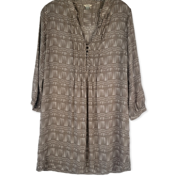 Fossil Taupe and Cream Longsleeve Pintuck Button Down V-neck Dress, EUC, szS - Picture 1 of 6